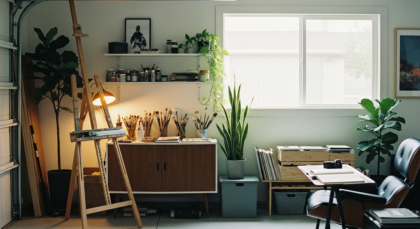 A well-lit art studio setup in a converted garage with an easel near the window, shelves full of supplies, bright lighting, and a comfy brainstorming chair.