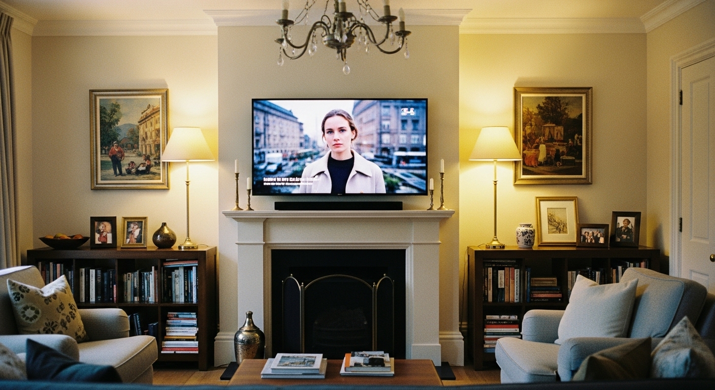 Living room featuring both a wall-mounted TV and a fireplace, showcasing balanced design focal points with artistic decor.