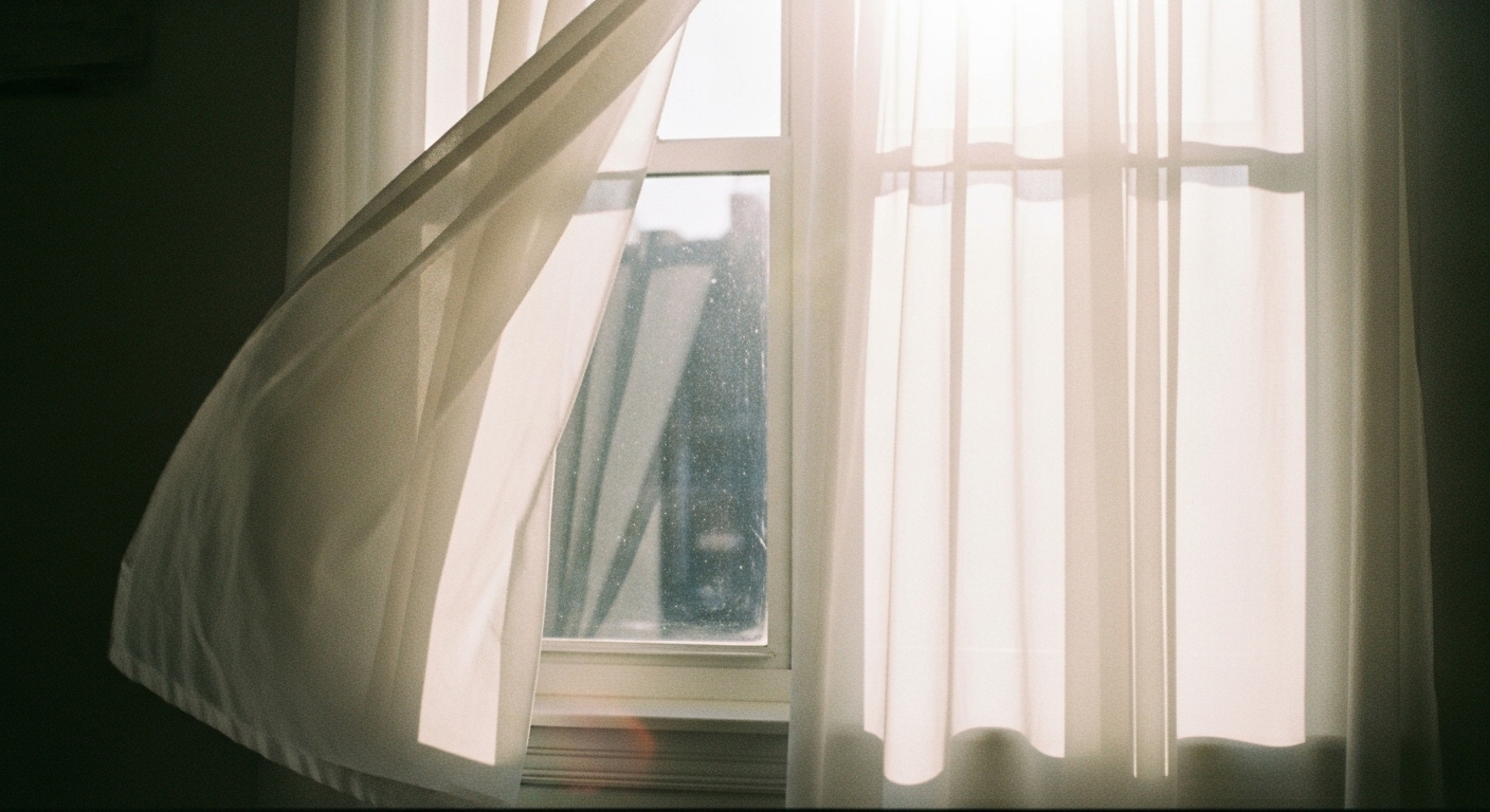 A bright space with translucent, white curtains allowing daylight to flood in, making the room feel larger and airy.