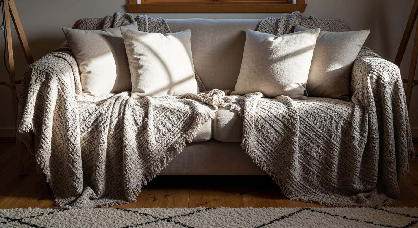 Soft pillows and textured throw blankets in a light grey rustic living room create a cozy and inviting atmosphere.