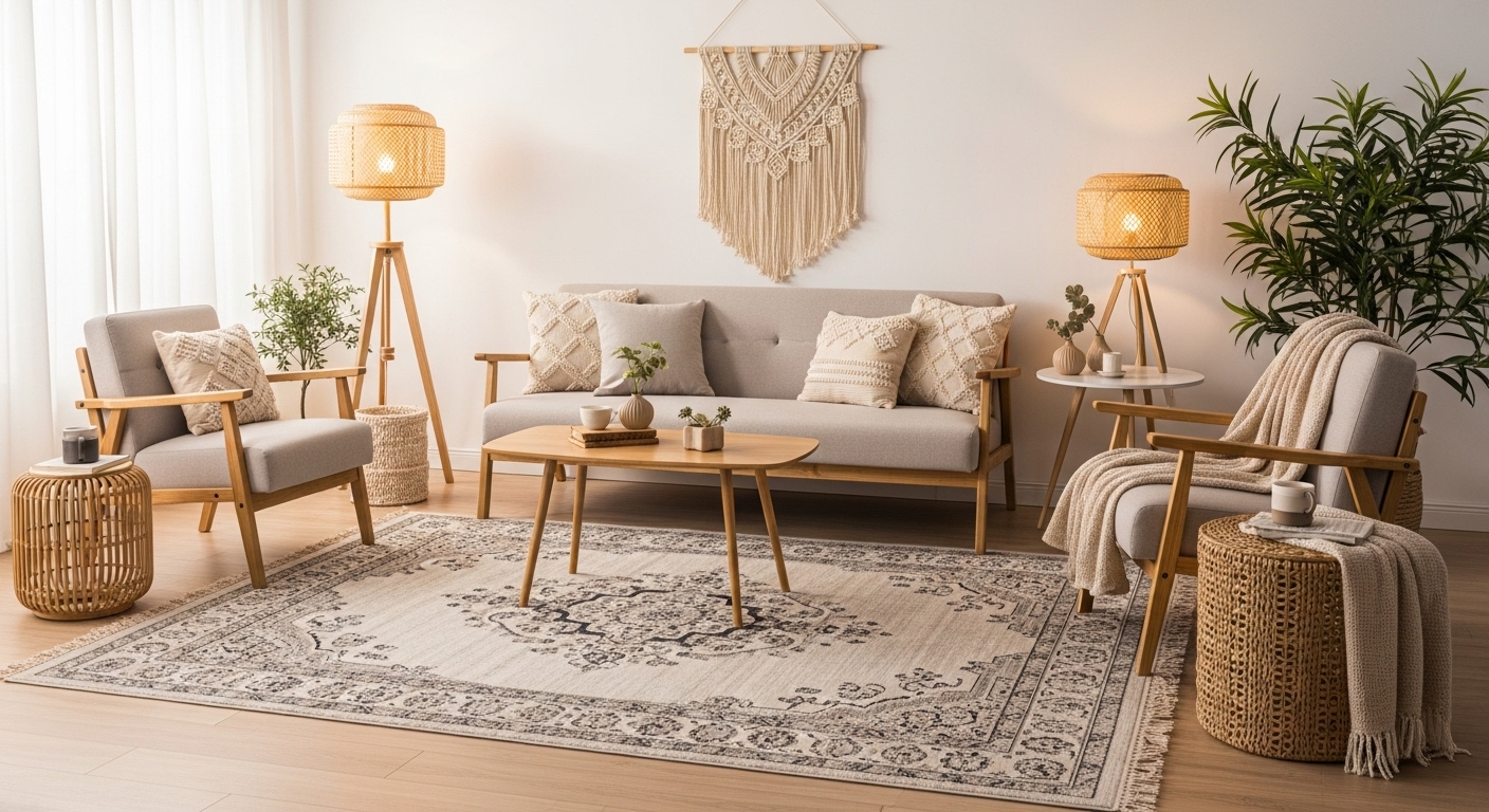 Medium-sized living room with a plush 8x10 area rug neatly fitting under a full sofa set and coffee table.

