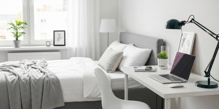A beautifully decorated spare bedroom seamlessly blending a comfortable guest bed with a compact, well-lit home office setup, featuring warm lighting, soft textiles, and organized shelving.