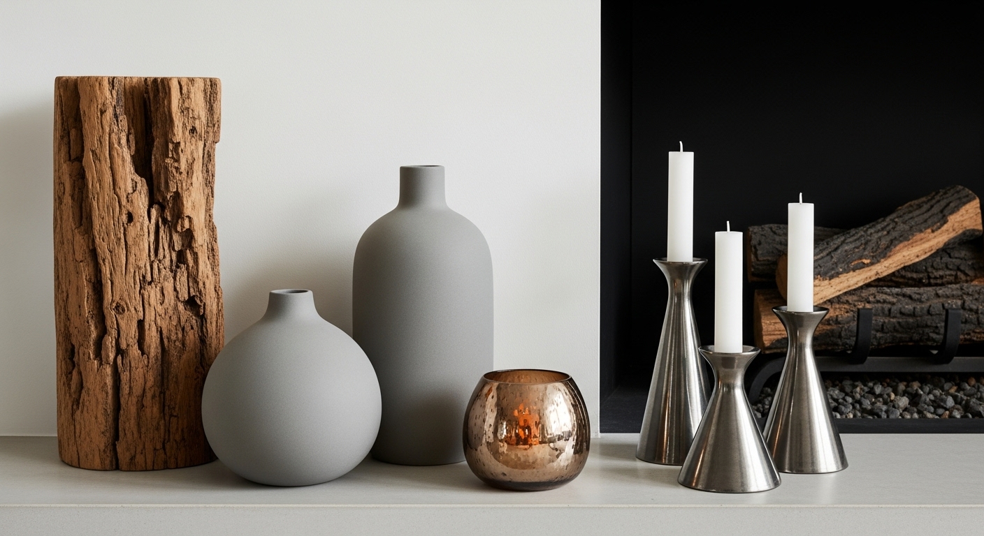 Decor setup mixing ceramic, metal, and wood textures near a fireplace

