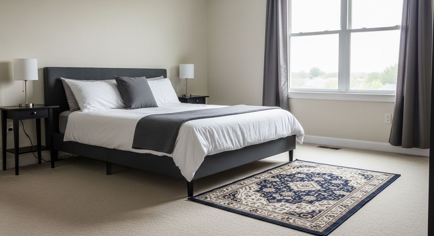 Interior photo showing a queen-size bed with a rug that's too small, highlighting how undersized rugs can make a bedroom feel unbalanced.