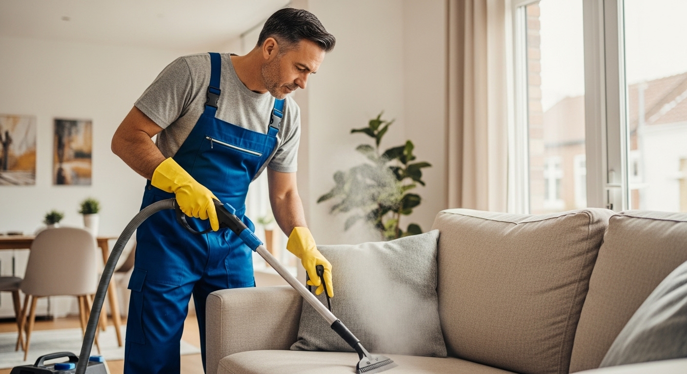 Cleaning technician using tools on a fabric sofa for professional upholstery care