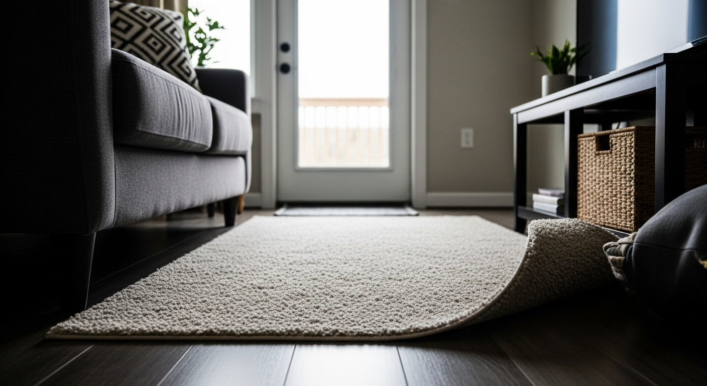 Living room where a rug interferes with the walking path, posing a tripping hazard.

