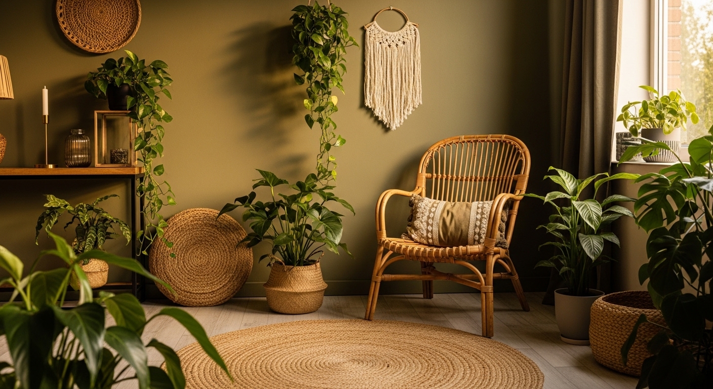 Interior space with olive green walls, jute rug, rattan furniture, and warm ambient lighting creating a calm and cozy atmosphere.