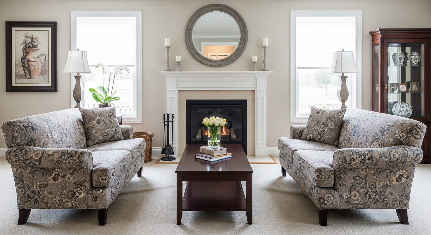 Identical chairs symmetrically arranged around a corner fireplace for a formal living room setting