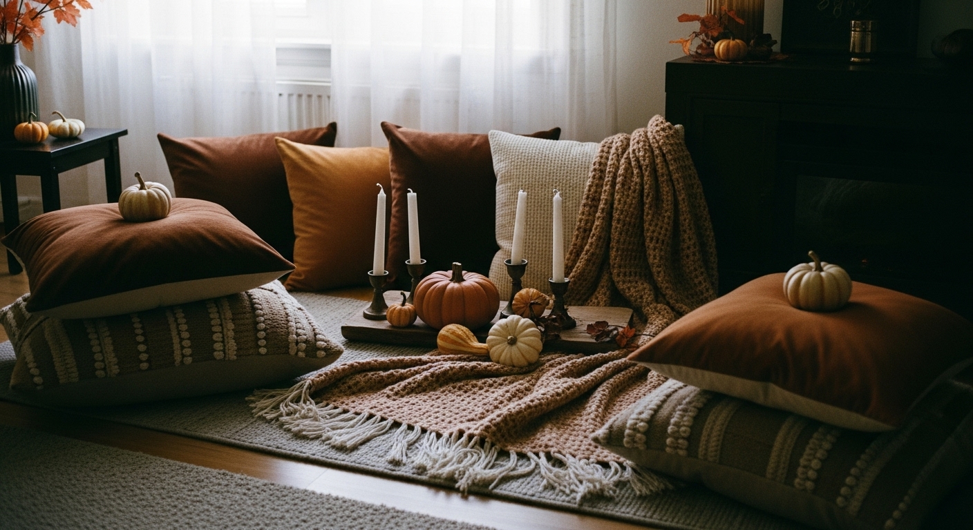 Autumn living room with orange and brown throw pillows, soft blankets, and pumpkins creating a seasonal cozy environment.