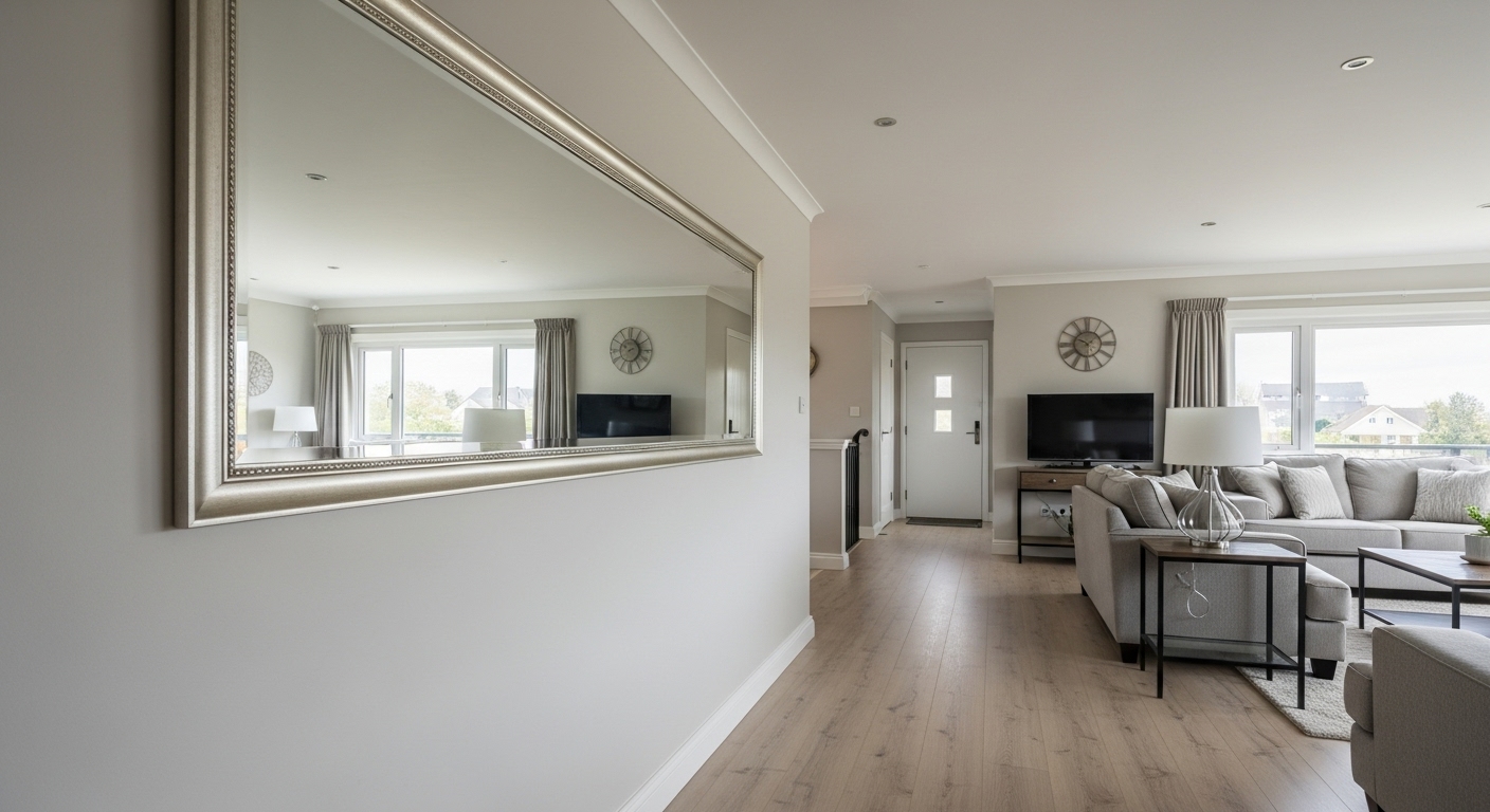 Large wall mirror expanding the visual space of a long, narrow living room.