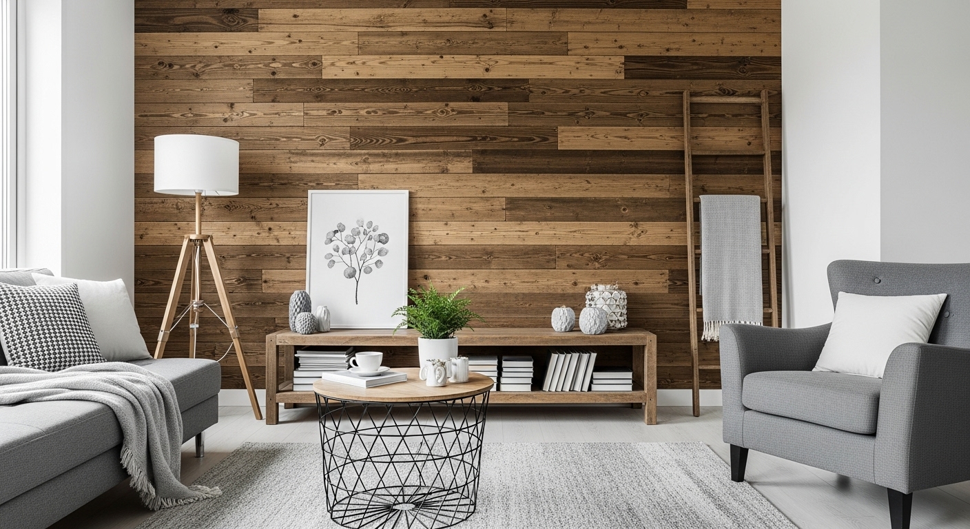 A living room with a feature wall of reclaimed wood and shiplap, adding texture and personality to a grey farmhouse space