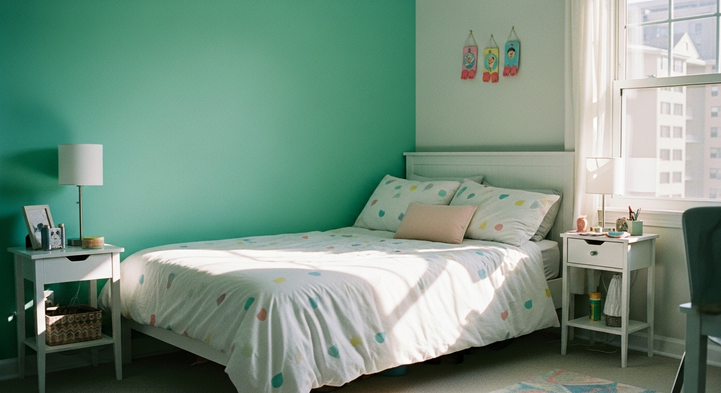 Soft mint green accent wall in a bright bedroom with light neutral and pastel accents