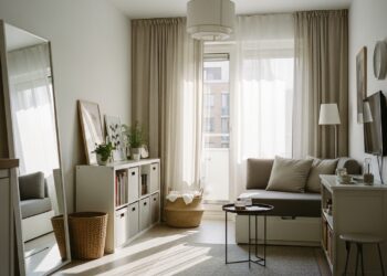 Bright and cozy small living room with light colors, natural light, mirrors, and minimal furniture to create a spacious feel