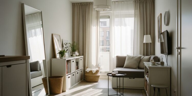 Bright and cozy small living room with light colors, natural light, mirrors, and minimal furniture to create a spacious feel