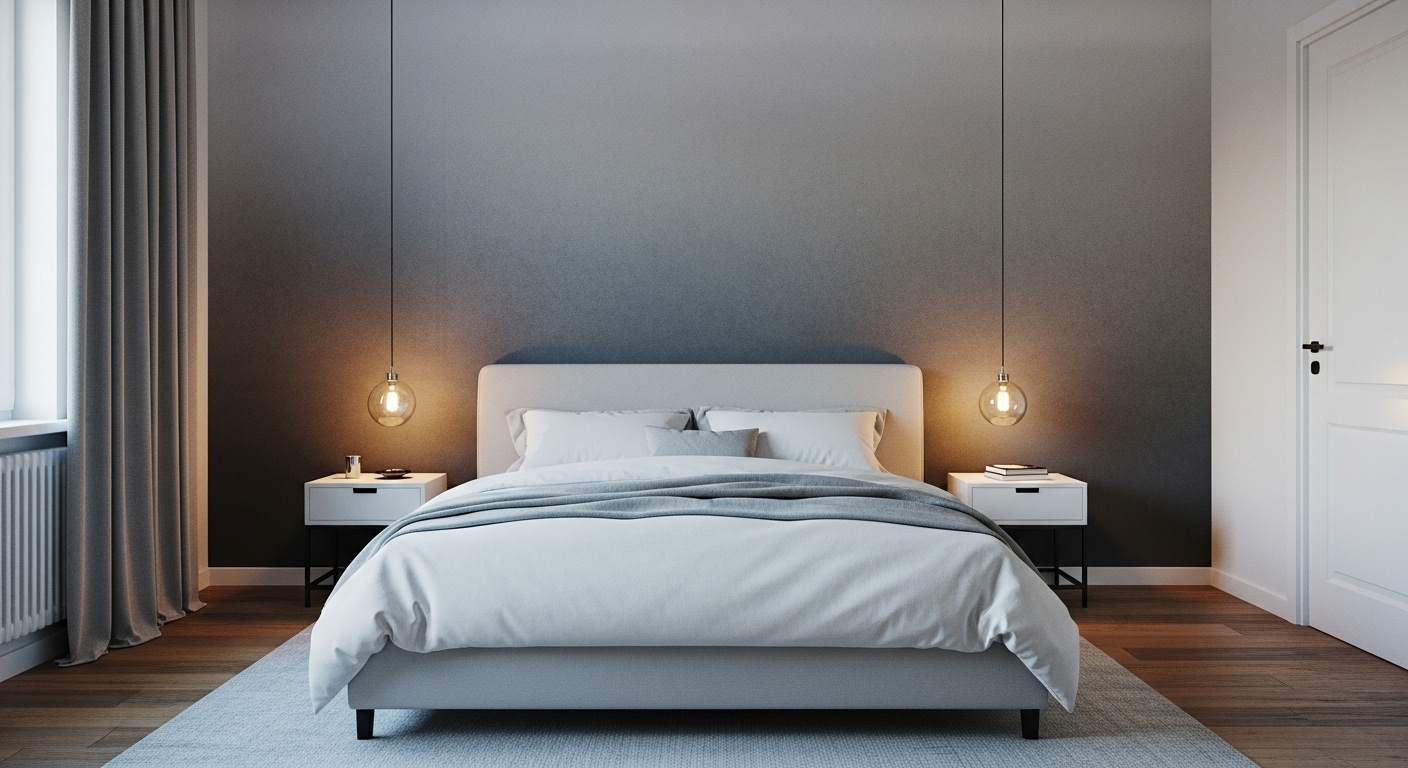 Master bedroom wall with gradient ombre effect using different shades of grey, adding depth and elegance