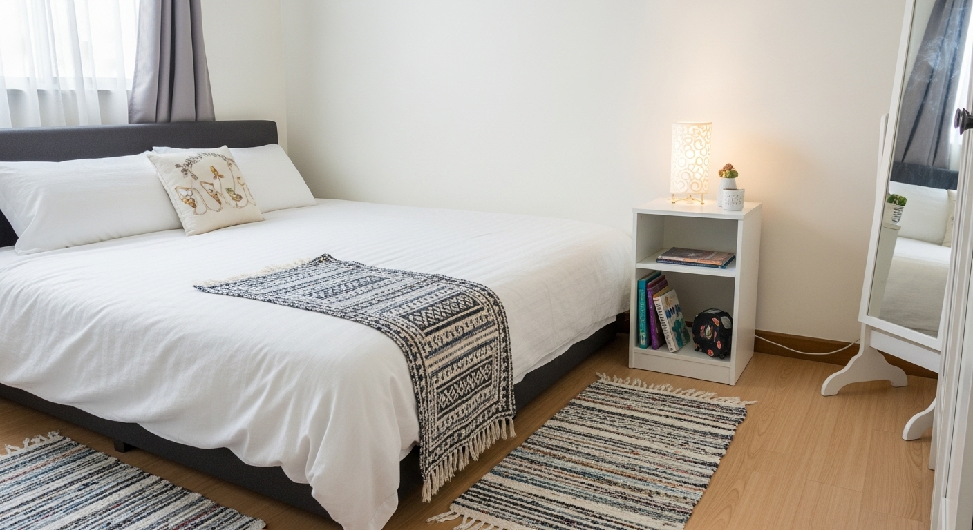 Bedroom decorated with small, budget-friendly rugs placed around a queen bed, demonstrating a stylish yet affordable rug setup.

