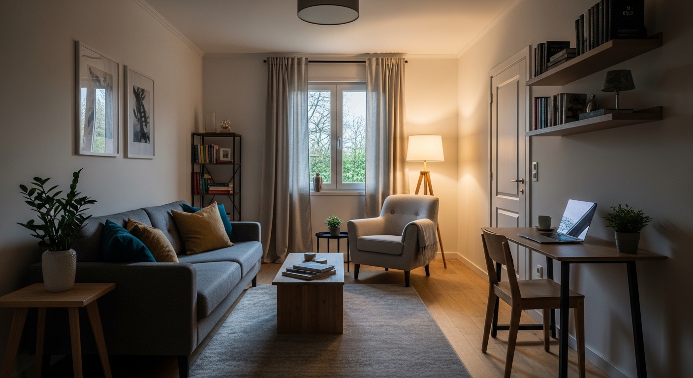 A long, narrow living room divided into zones for seating, reading, and working.