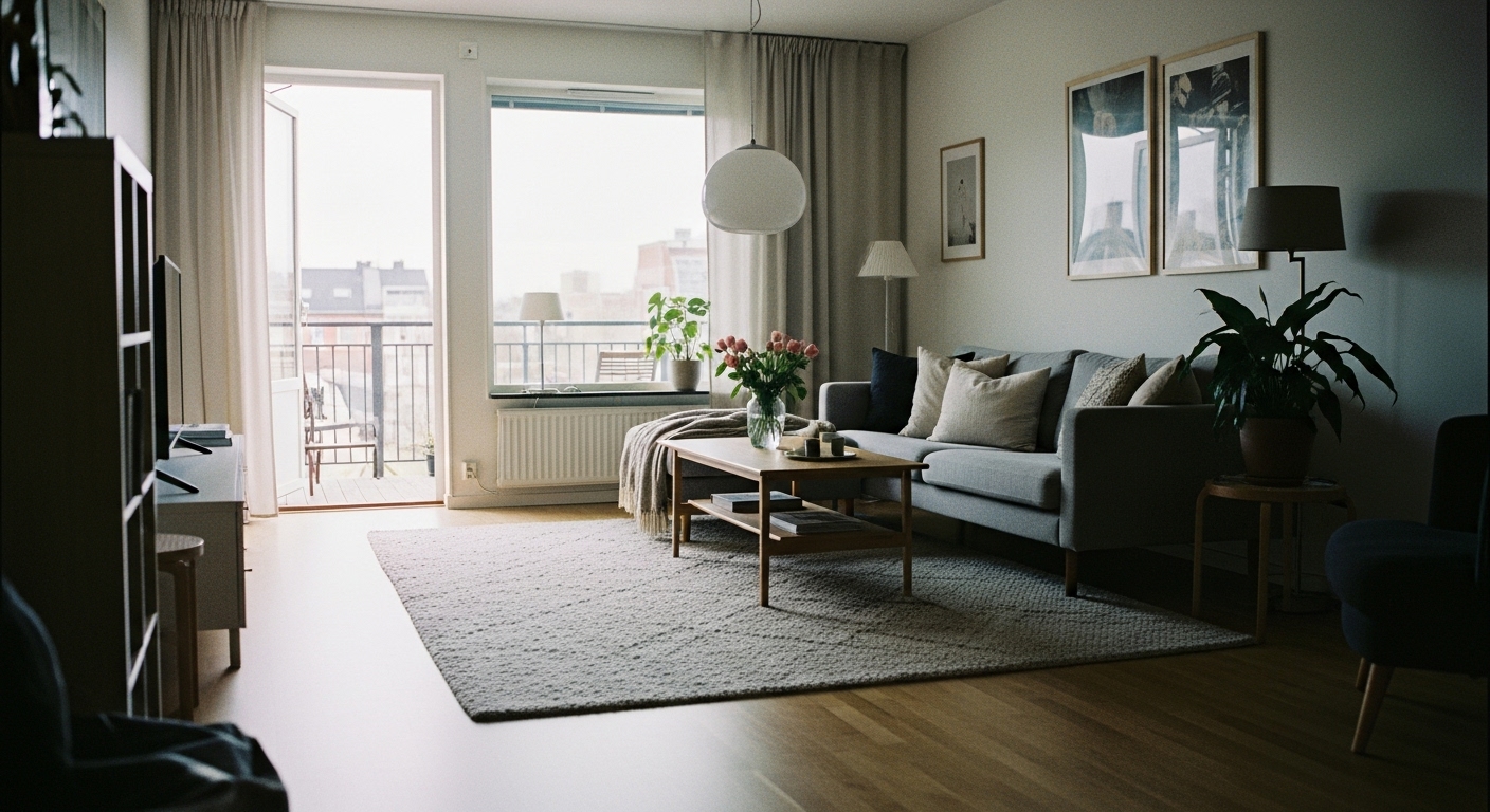 A spacious open-concept living room with a large rug anchoring a modern sofa set, clearly defining the lounge area.

