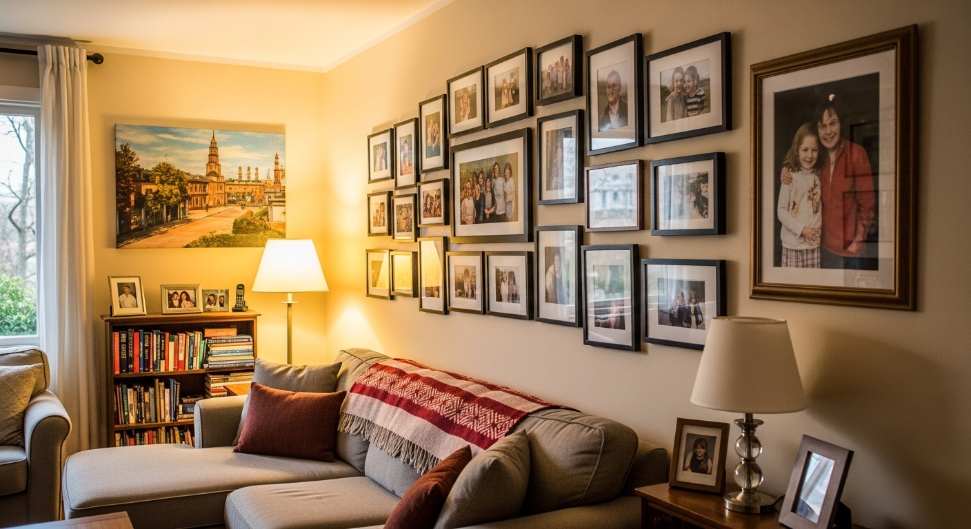 Long narrow living room decorated with personal elements like framed family photos, books, and artwork on walls for a homely feel