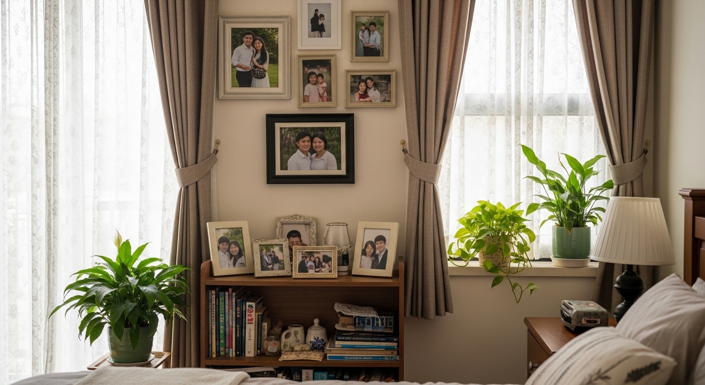 Warm and inviting guest bedroom with framed personal photos on the wall, small potted plants on the nightstand, and sentimental decor items displayed neatly on shelves.