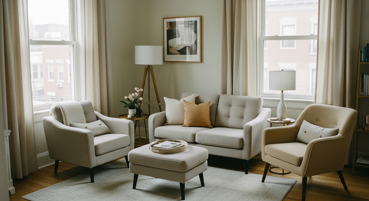 Stylish small space living room setup featuring a mix of modern armchair, loveseat, ottoman, and accent chair in cozy neutral tones.