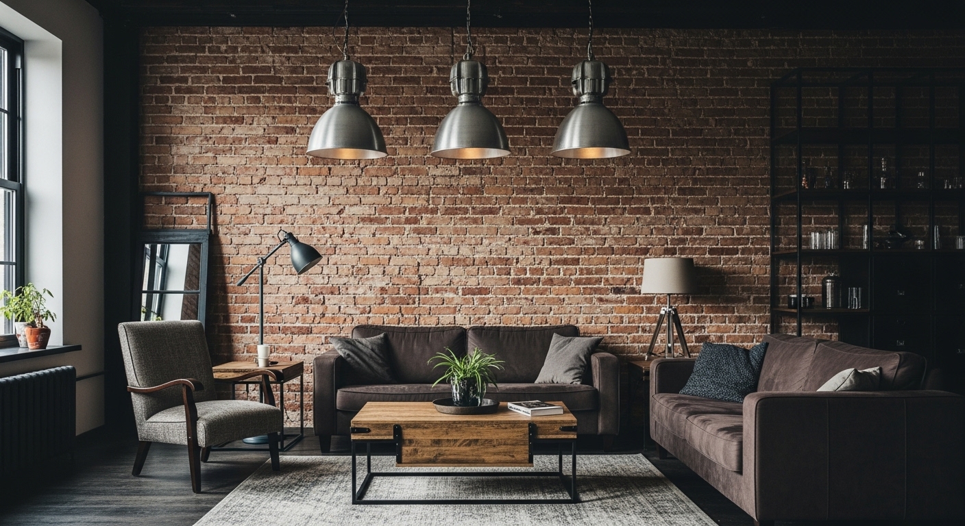 Urban living room with metal finish industrial pendant lights over coffee table