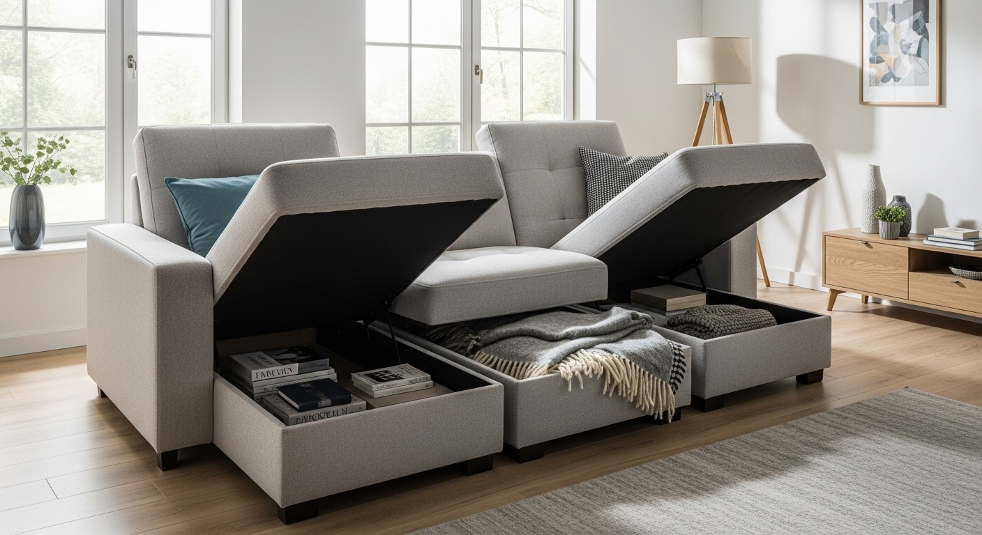 Stylish living room with sofas and chairs featuring built-in hidden storage, showing practical home organization ideas