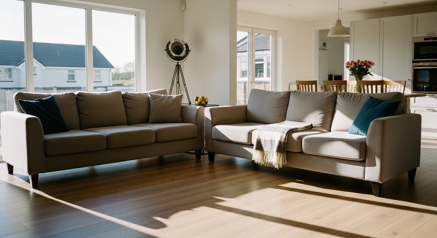 Open-plan living area with two sofas in L-shaped layout separating lounge from dining area