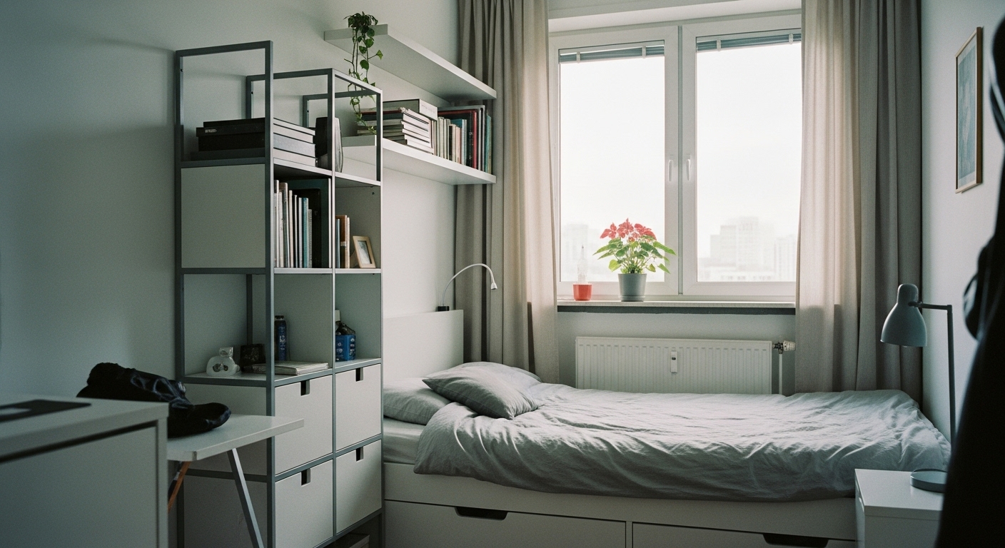 Compact bedroom layout showing clever furniture arrangement to avoid overcrowding and maximize small space.

