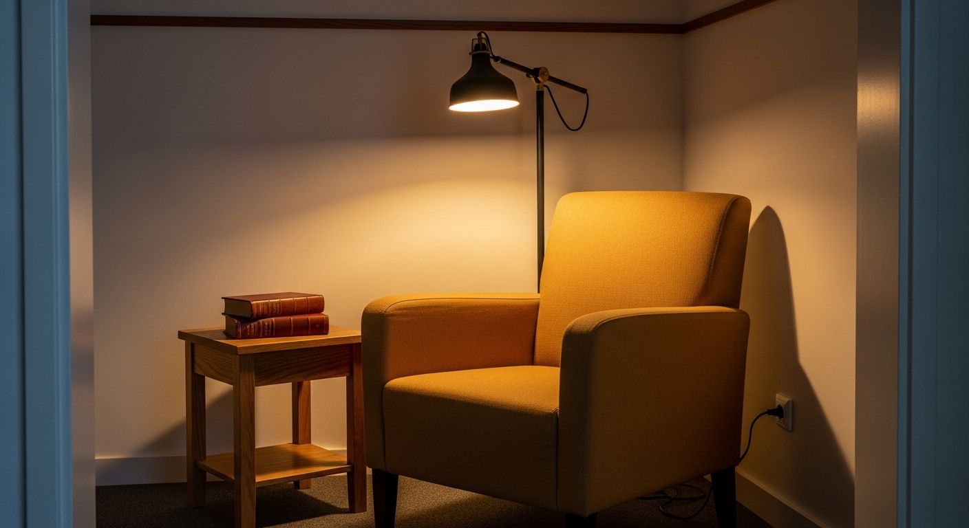 Secondary furniture set designed for reading or relaxing, featuring an armchair, side table, and accessories highlighting purpose-driven placement.