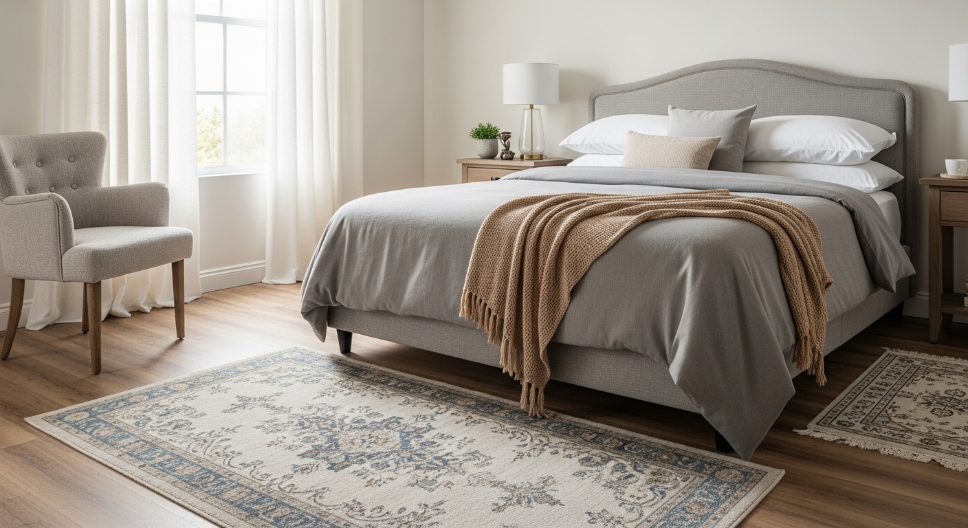 Partial rug coverage where the rug extends from under the foot of the bed, ideal for a subtle styling effect.