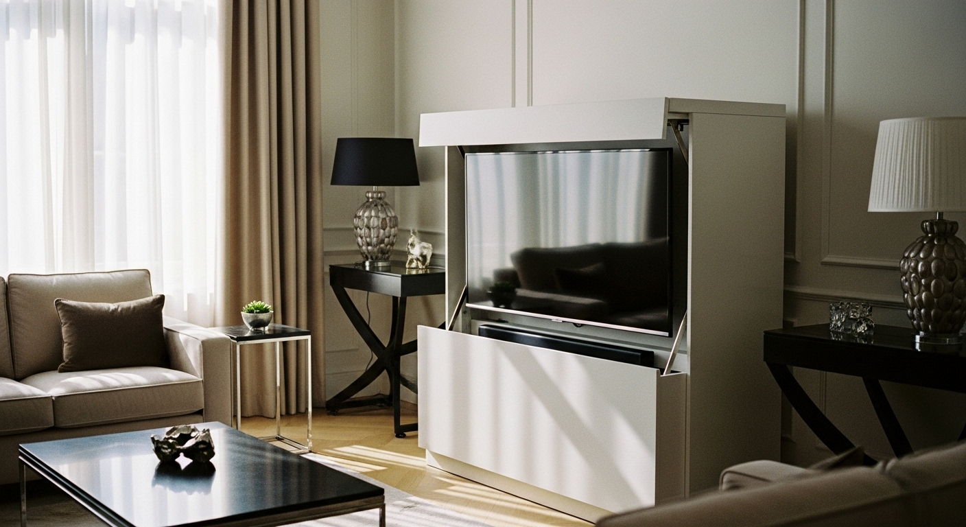 Sleek living room with a hidden TV mechanism that rises from a modern cabinet"