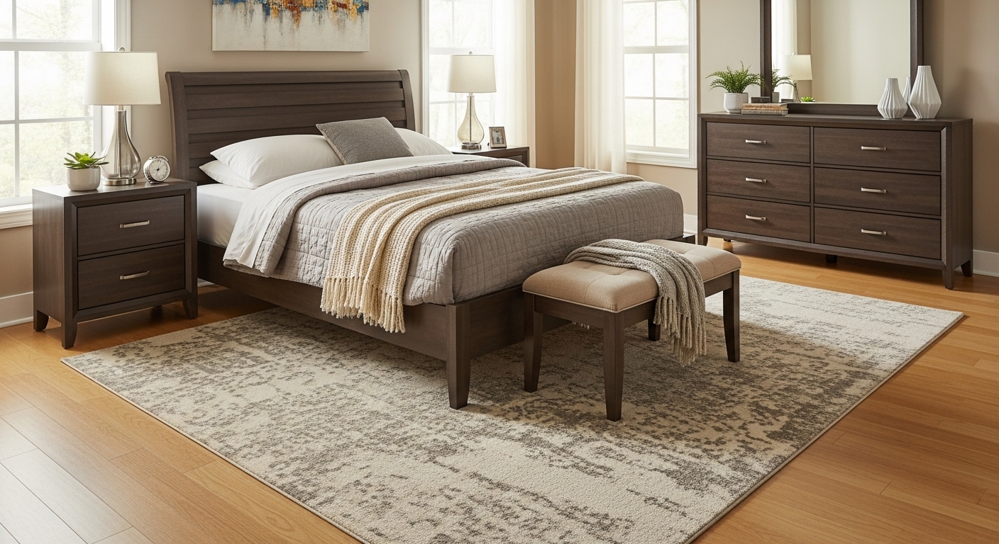 Bedroom fully covered by a large rug with all furniture including bed placed on it.