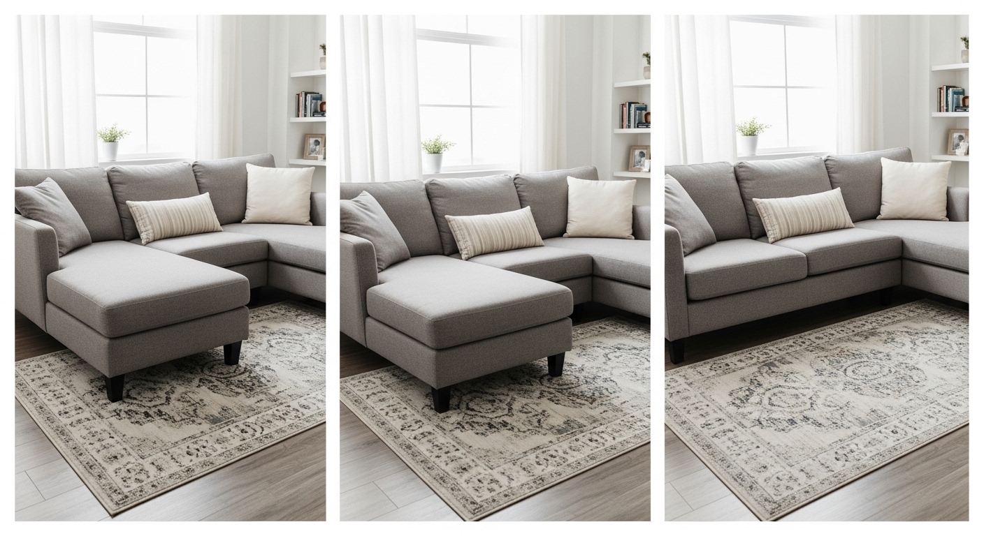Visual examples of rug placement under sectional sofas: all legs on rug, front legs only, and rug placed in front.