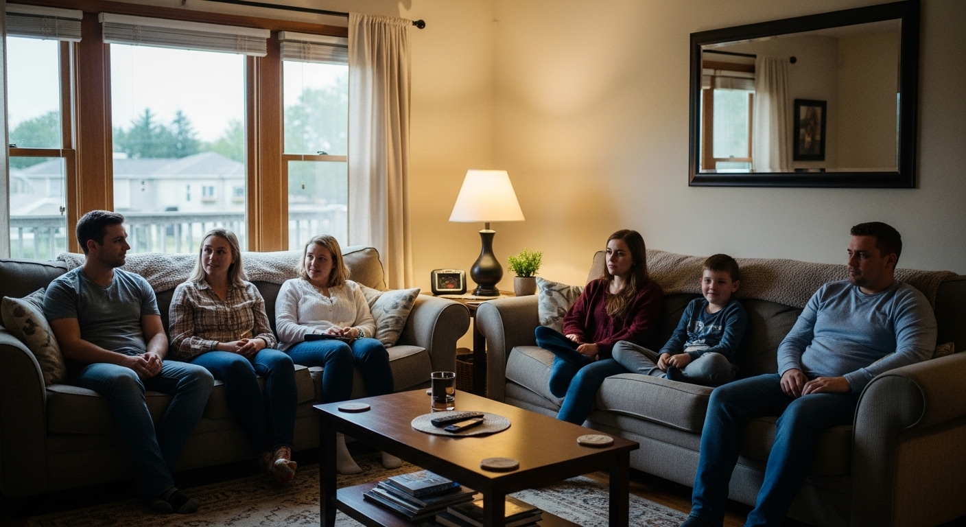 Family members sitting on different sofa seats to ensure even wear across the furniture.