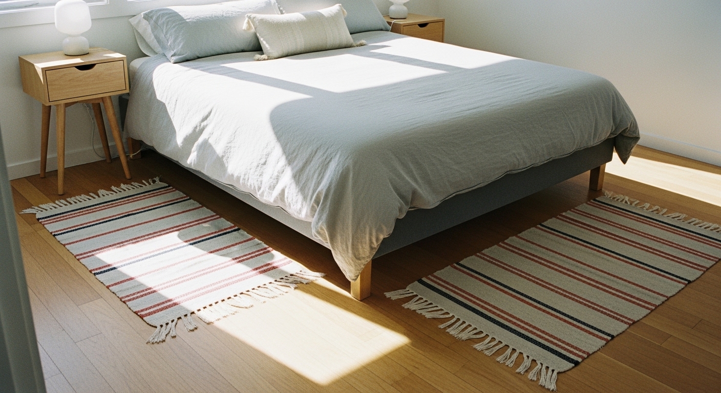 Bright summer bedroom with a queen bed and small rugs or runners placed at the sides, showing a light and airy decor style perfect for warm weather.

