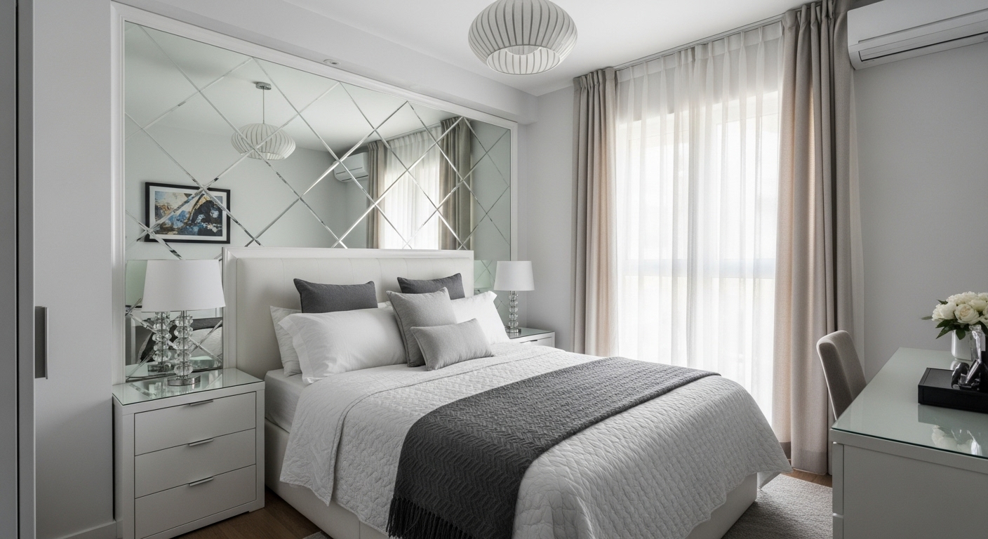 Bright small bedroom with a mirrored accent wall creating the illusion of space and natural light reflection