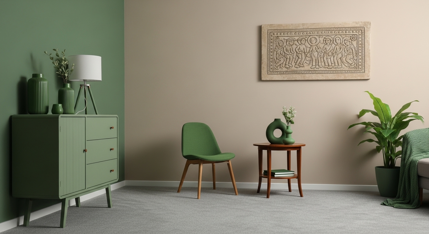 Modern living room with green accents, beige walls, gray carpet, and balanced furniture layout with vintage art.