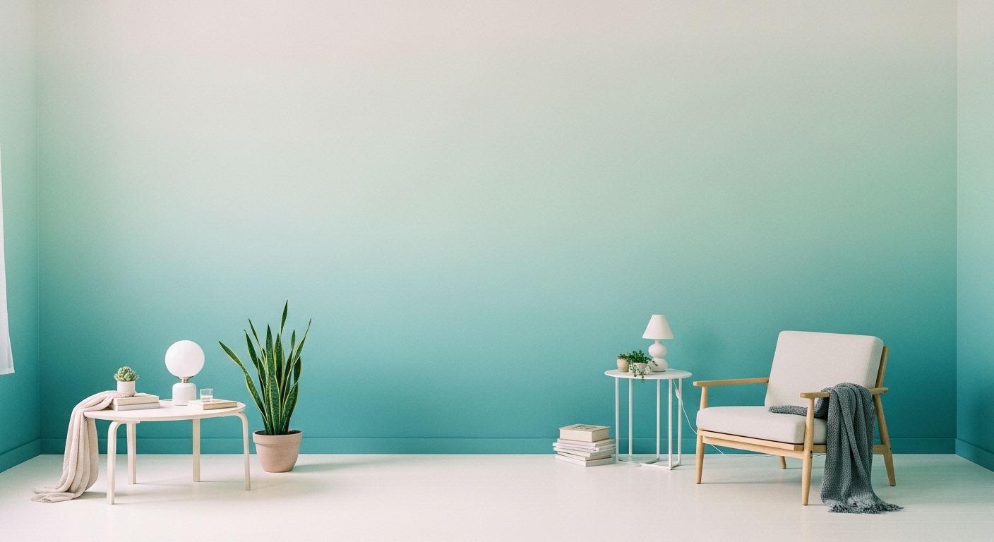 Interior wall with ombre paint blending from soft blue to sage green, creating a calm and peaceful gradient effect. 
