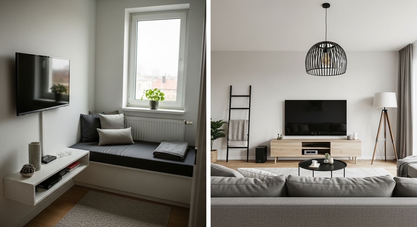 A living room with different TV placements showing how room size and layout affect setup