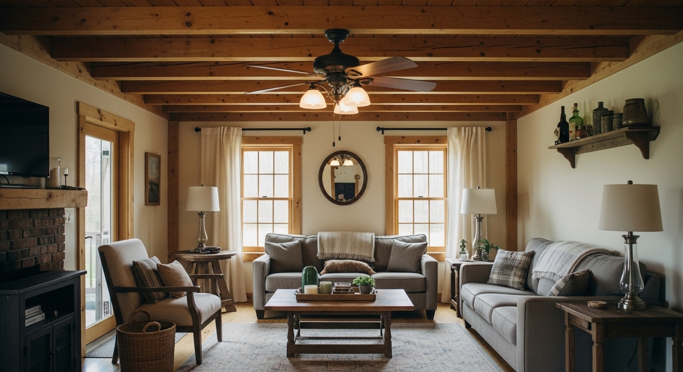 Living room with rustic ceiling fan and light combo in a farmhouse-style setting
