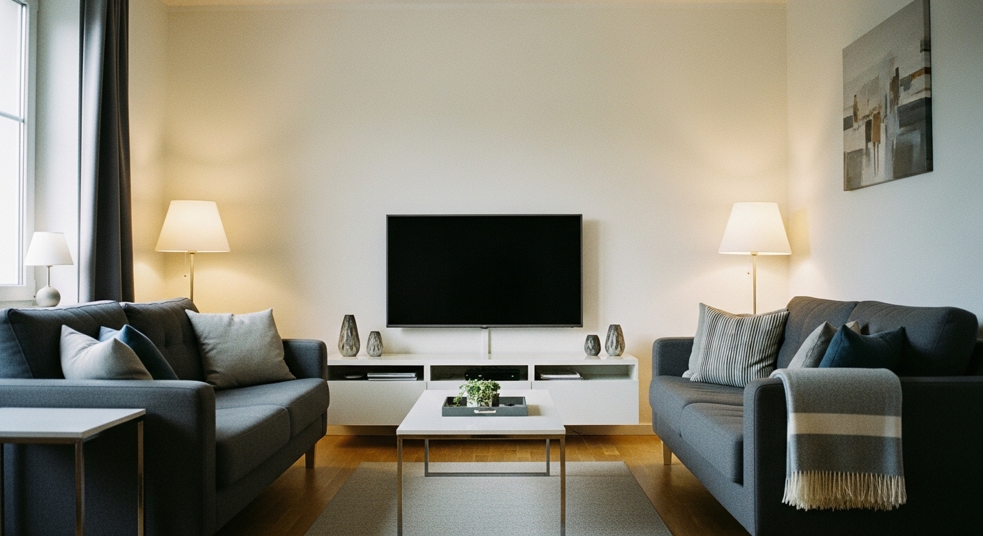Modern living room with two sofas facing each other and a wall-mounted TV in between