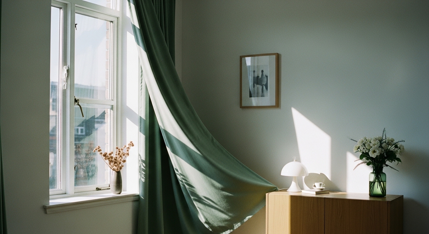 Light and airy room with sage green curtains gently draped, adding a subtle touch of color to the space.