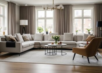 Modern living room featuring ideal rug placement with a large area rug under a sectional sofa and coffee table, enhancing the room’s balance and elegance.