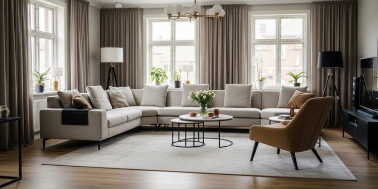 Modern living room featuring ideal rug placement with a large area rug under a sectional sofa and coffee table, enhancing the room’s balance and elegance.