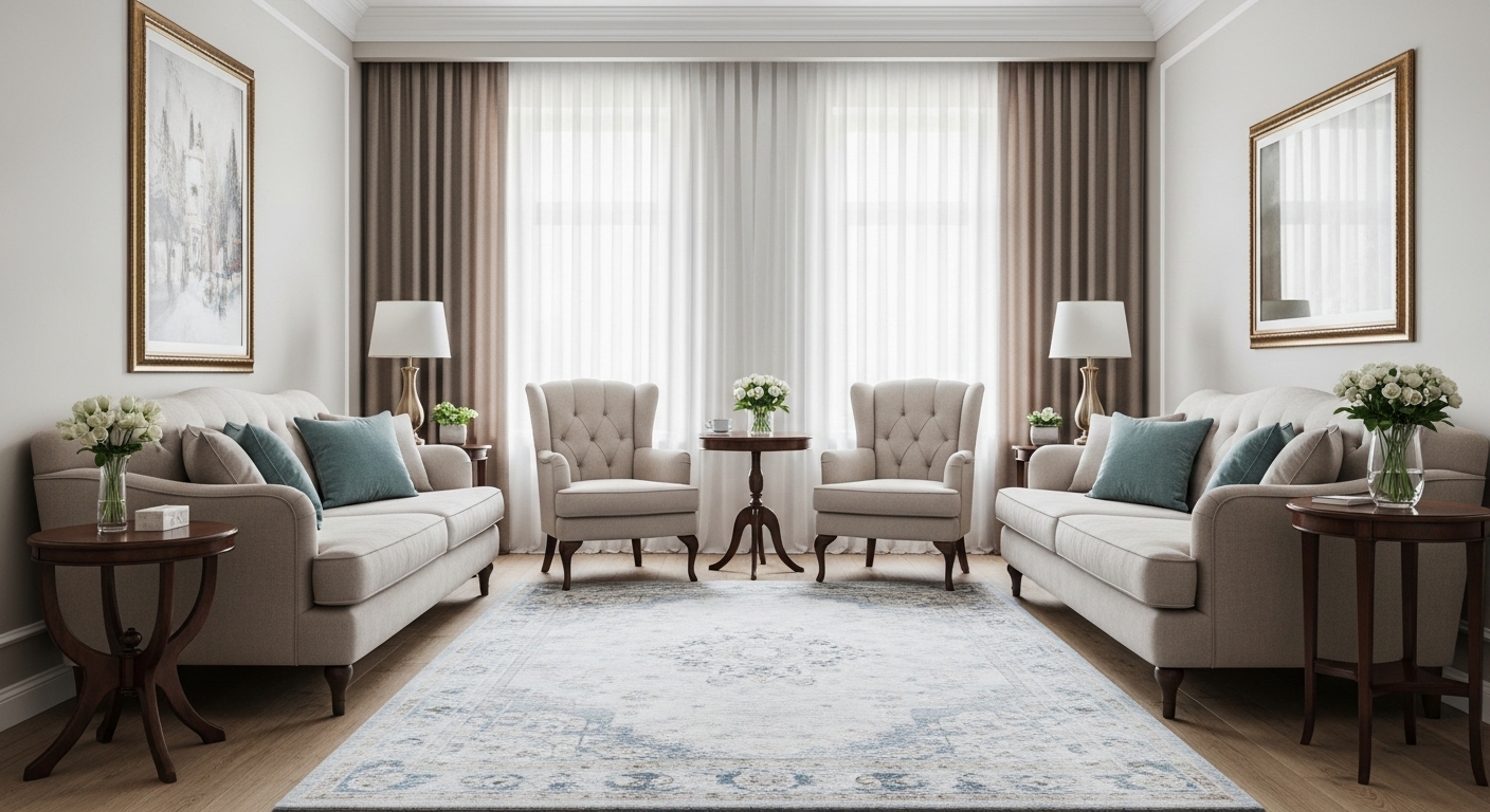 Living room with furniture close to the walls and a rug big enough to connect the pieces visually.

