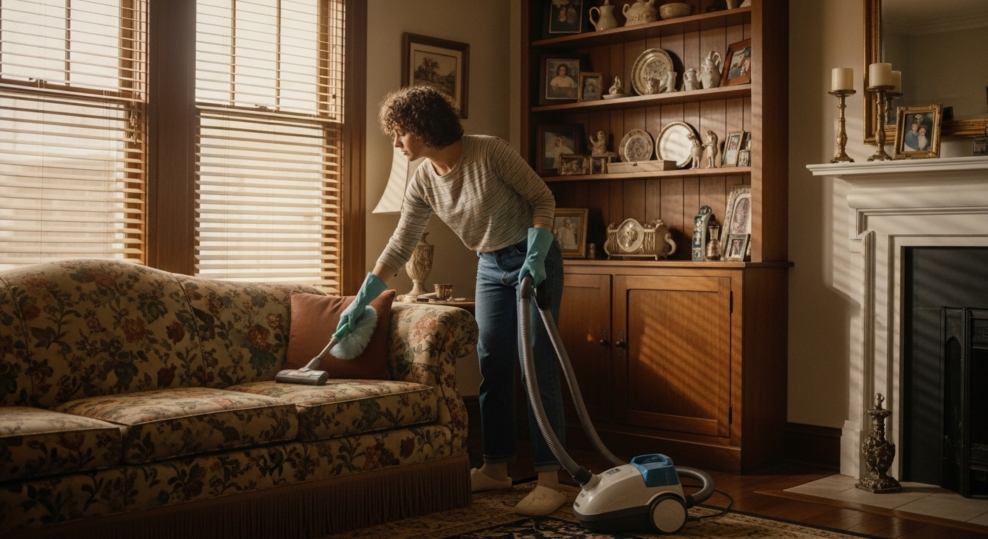 Person dusting a wooden shelf and vacuuming upholstered furniture as part of routine care