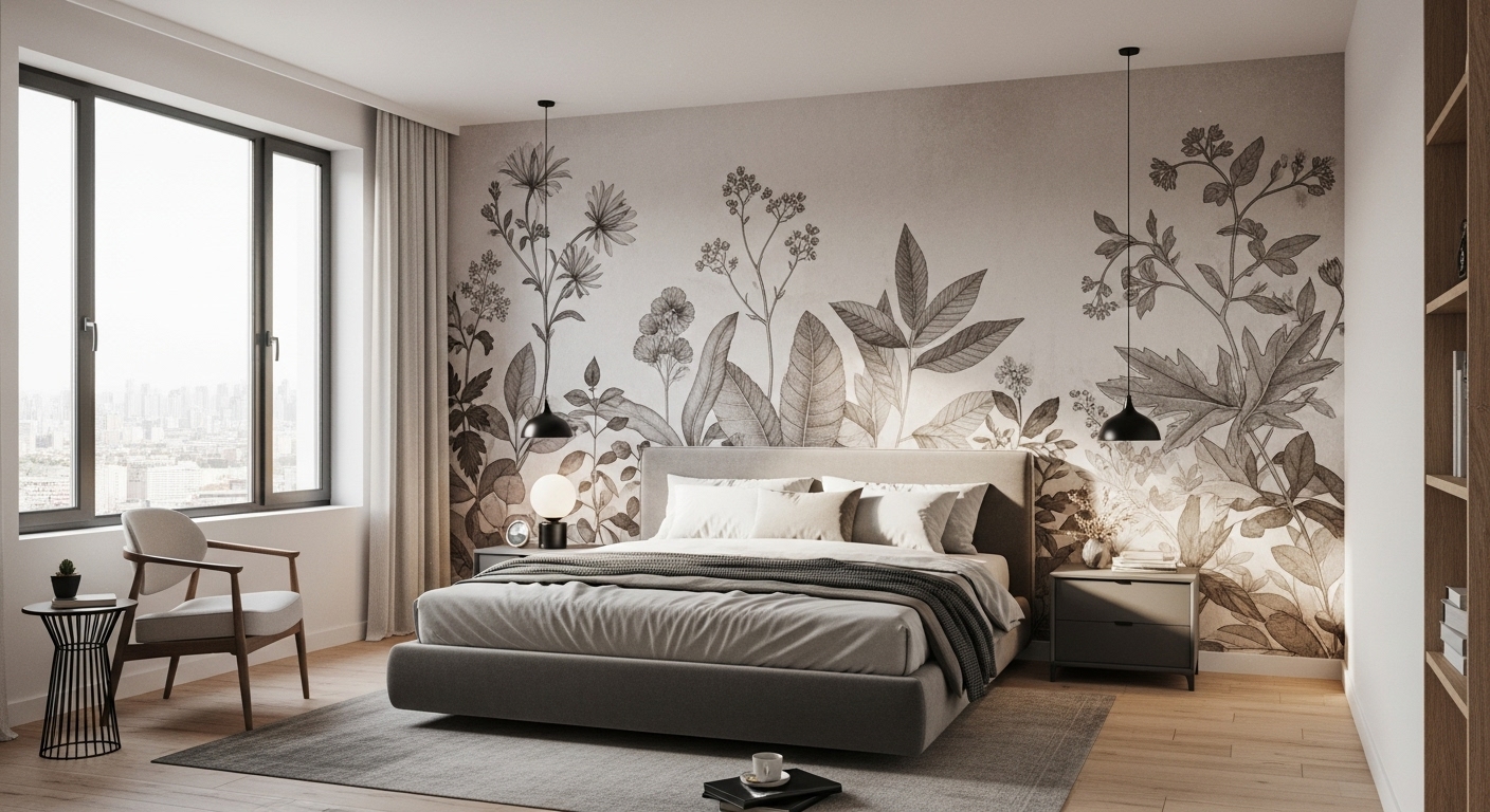Master bedroom with a large botanical wallpaper mural in calming tones, acting as a focal design piece