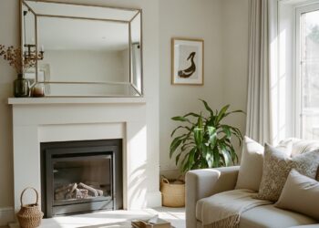 A cozy, modern living room with a corner fireplace, decorated with minimalist furniture, a round mirror, and natural lighting—ideal for small home spaces and interior inspiration.