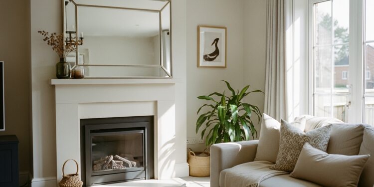 A cozy, modern living room with a corner fireplace, decorated with minimalist furniture, a round mirror, and natural lighting—ideal for small home spaces and interior inspiration.